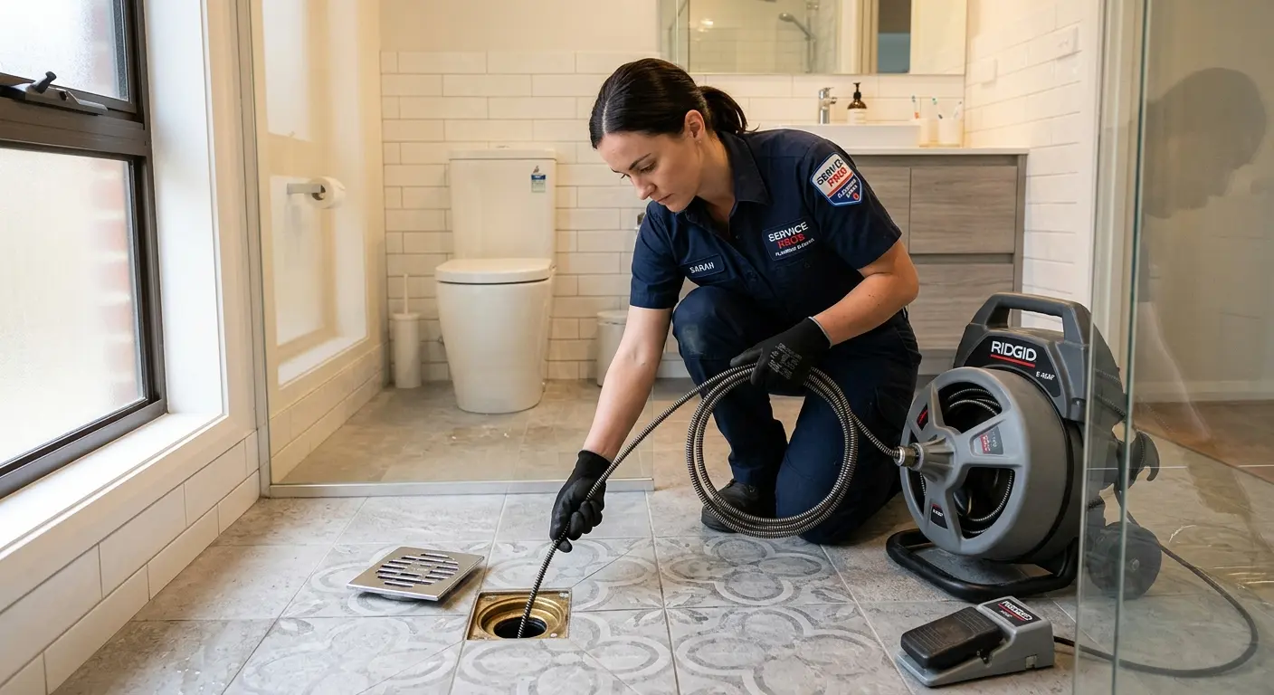 Technician clearing a bathroom floor drain for Sewer Line Installation in Latimer